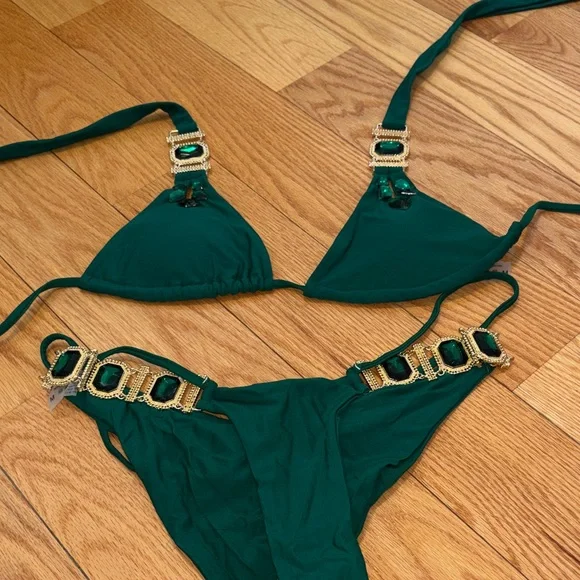 Emerald Green Jeweled Triangle Bikini Set - Picture 9 of 9